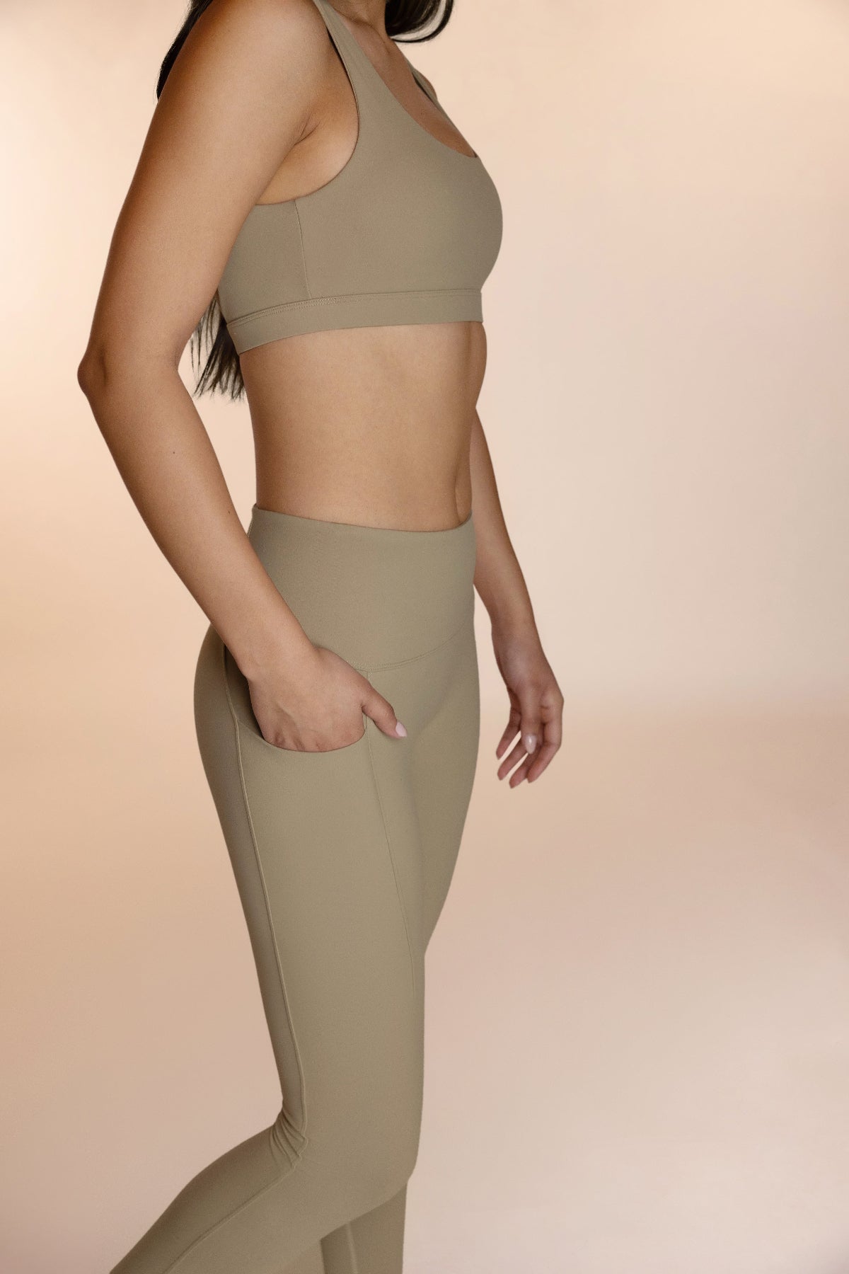 Women's tan active wear set with deep pockets