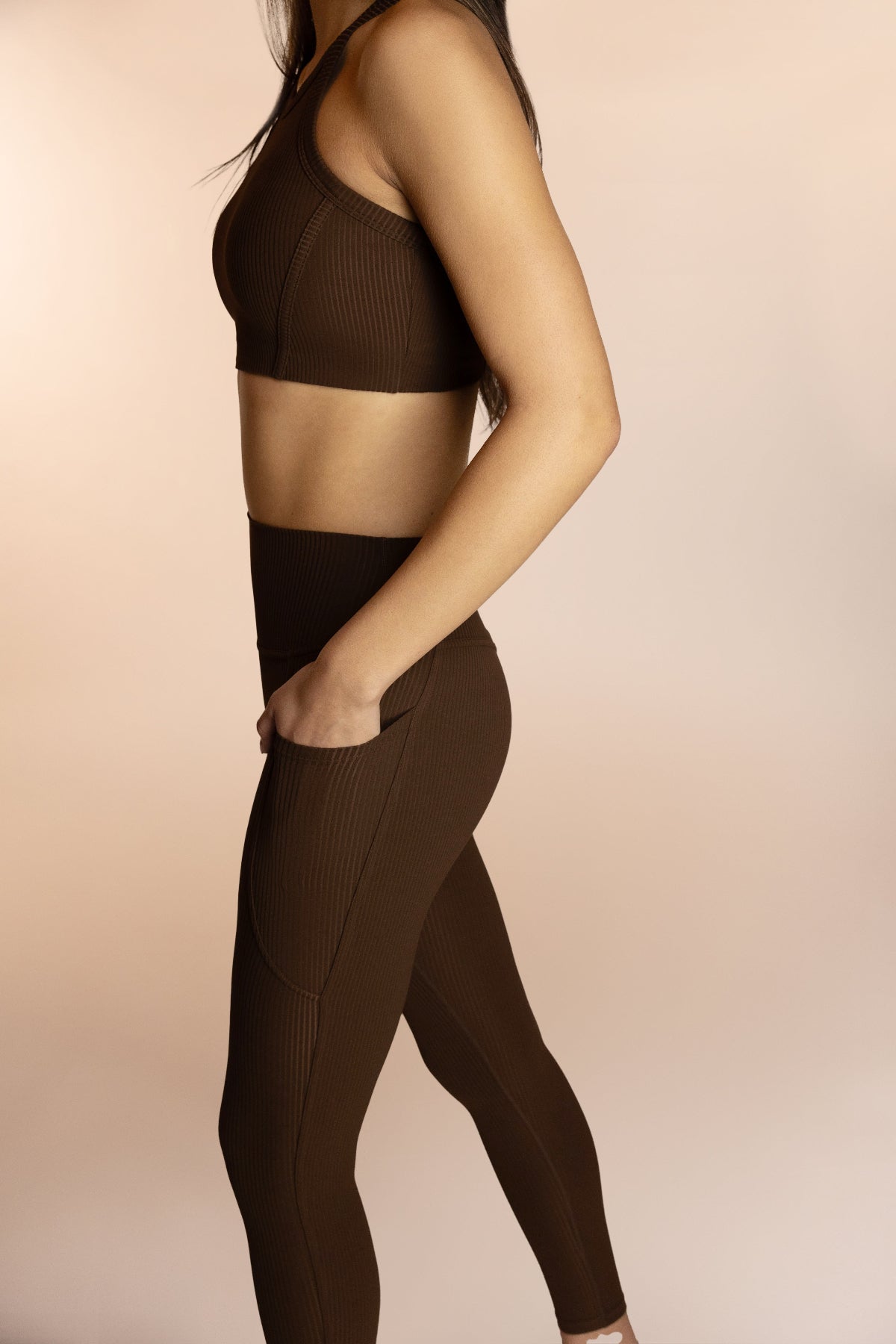 Brown Ribbed leggings with deep pockets side view