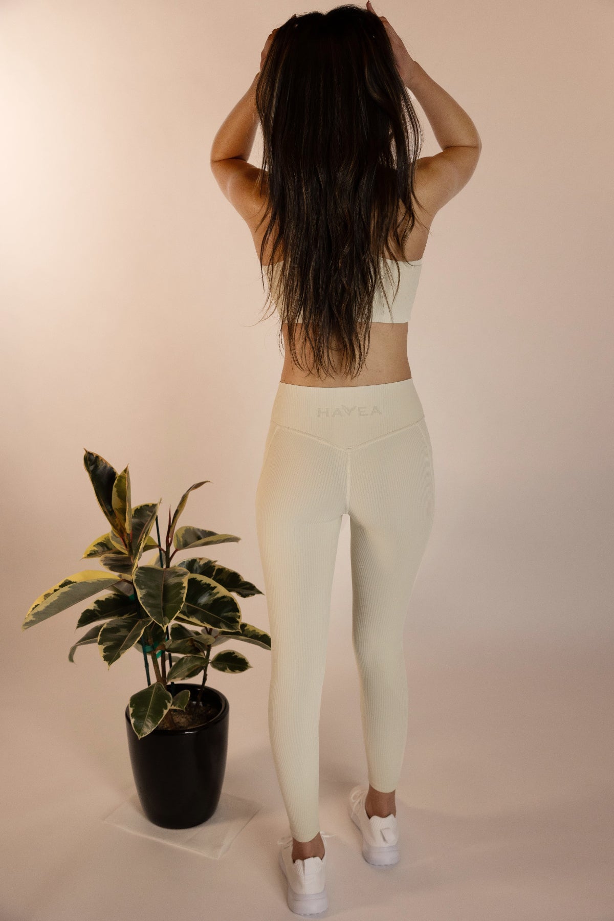 Creme ribbed leggings back view