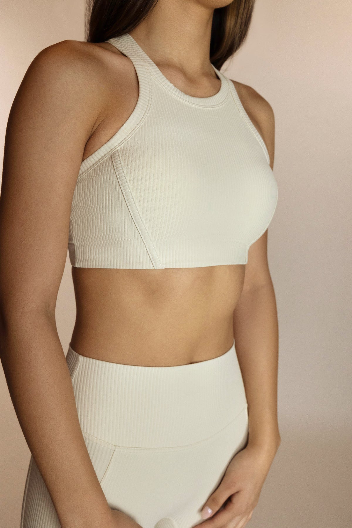 Creme Ribbed full coverage sports bra