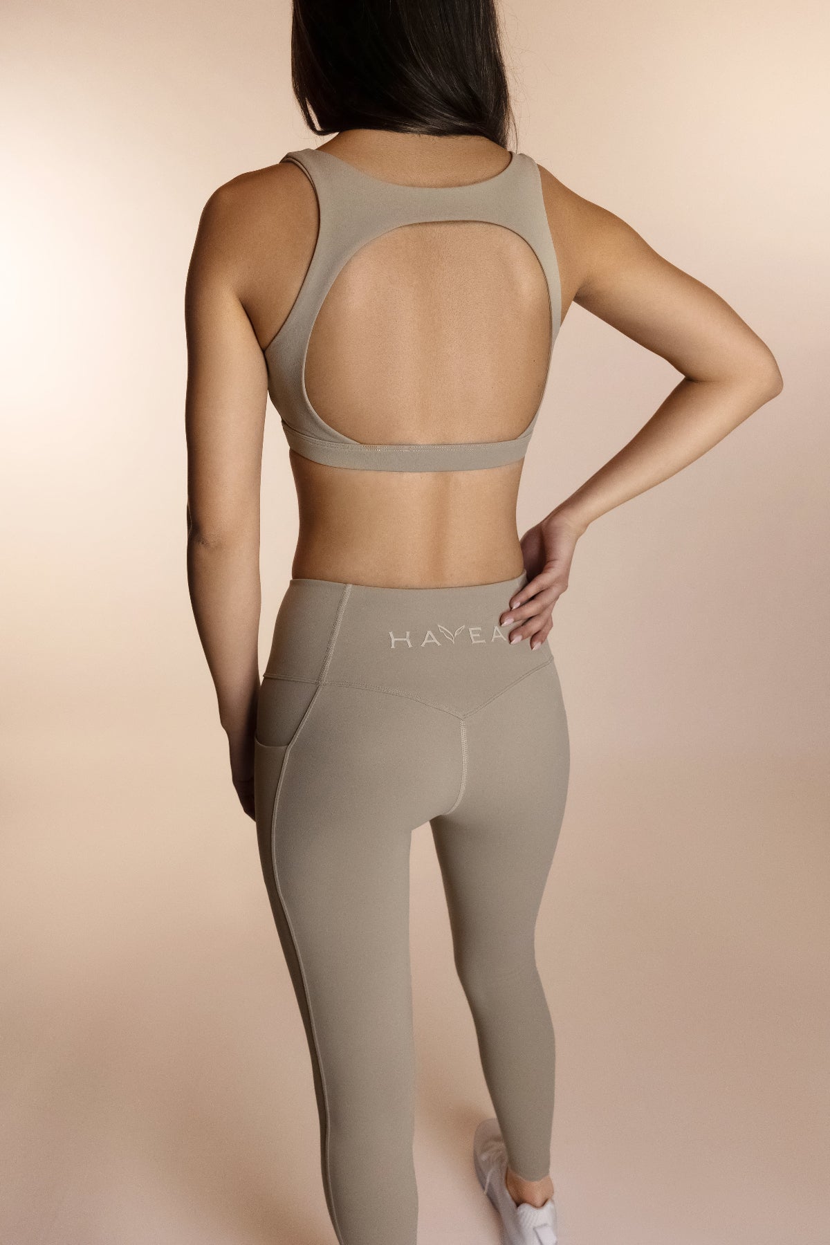 High back support sports bra in tan