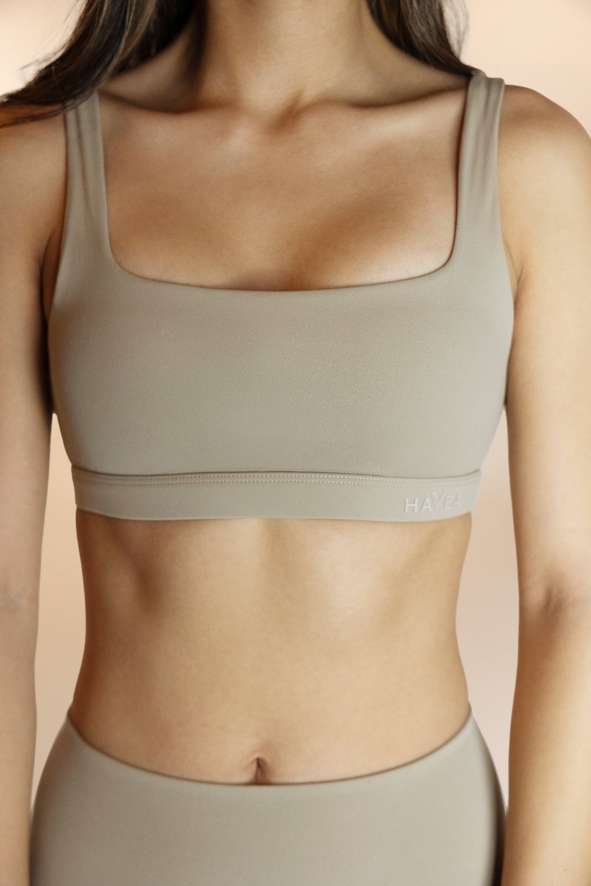 Women's U cut sports bra in tan high support