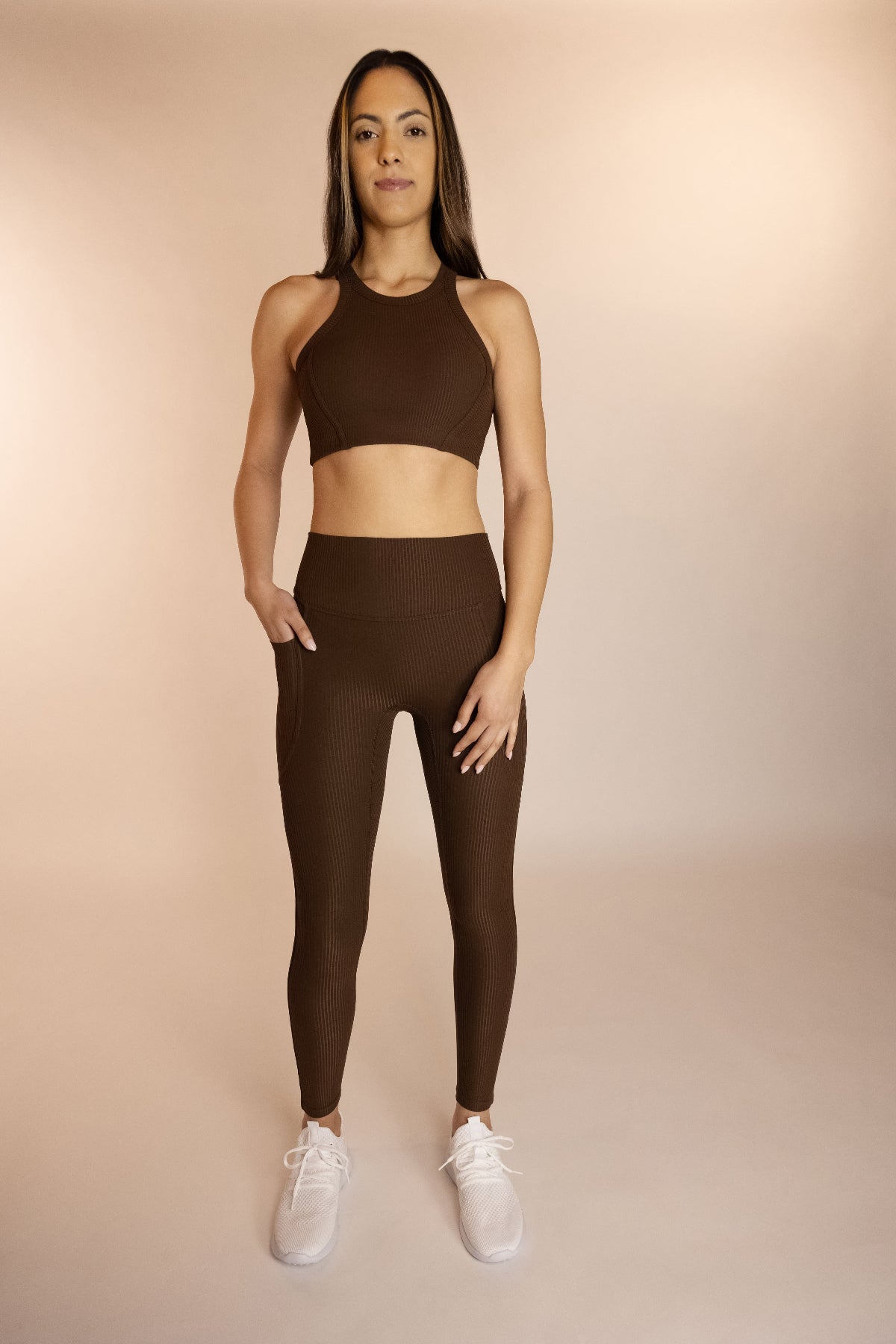 Brown Ribbed women's workout set