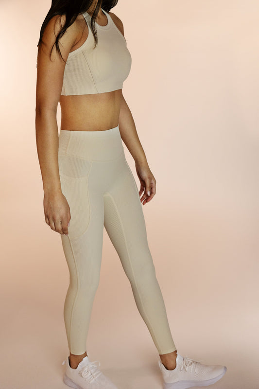 creme ribbed leggings with pockets 